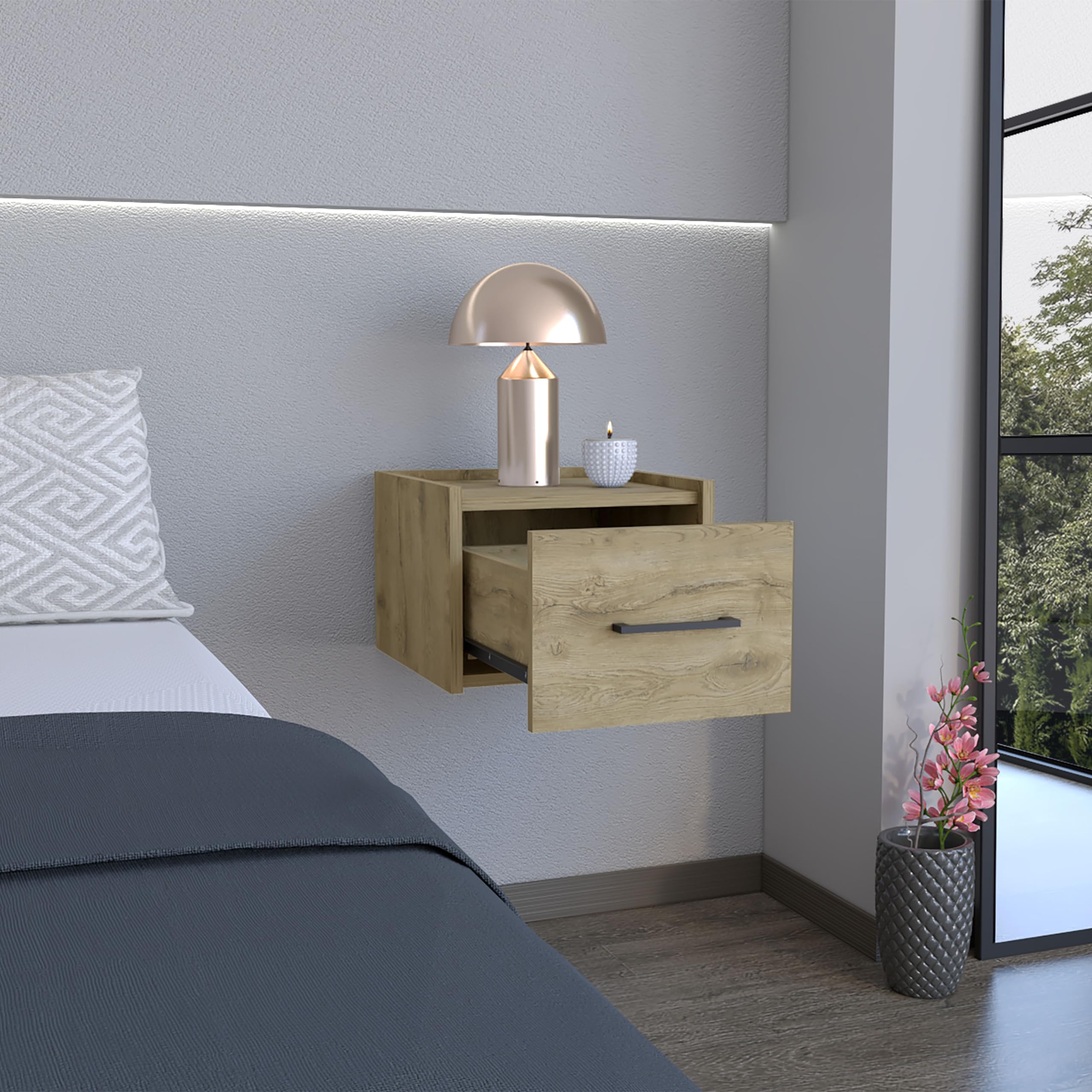Depot E-Shop Yorktown Floating Nightstand, Space-Saving Design With Handy Drawer And Surface, Macadamia